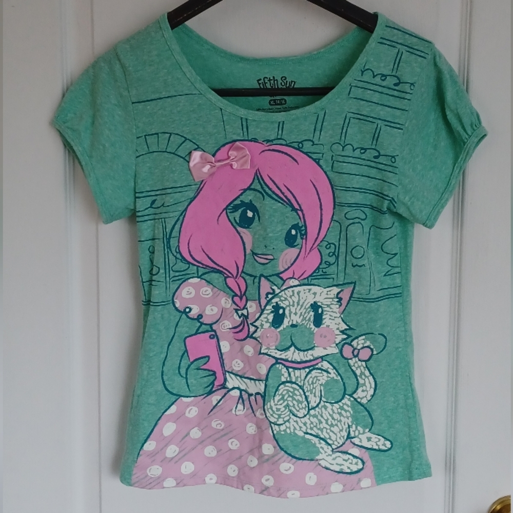 FIFTH SUN 🖤 GIRLS 🖤 XL 14/16 CARTOON GRAPHIC T-SHIRT GIRL W/PINK BOW & KITTY